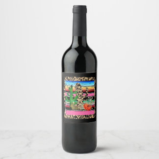 Etiqueta Para Botella De Vino Fiesta Serape Cheetah Cactus Flower Cacti Rabbit