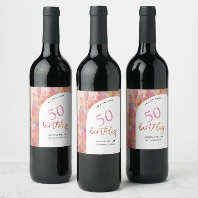 Etiqueta Para Botella De Vino Fiesta tropical rosa artificial acuarela (Botellas)
