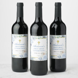 Etiqueta Para Botella De Vino First Holy Communion Dusty Blue Floral