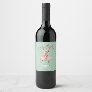 Etiqueta Para Botella De Vino Flamenco Rosa Tropical Con Gorros De Santa Navidad