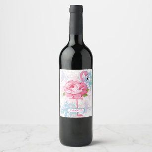 Etiqueta Para Botella De Vino Flamenco rosado pintado a mano