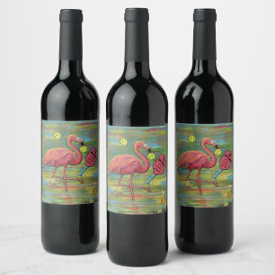 Etiqueta Para Botella De Vino Flamingo retirado jugando a la acuarela del balonc