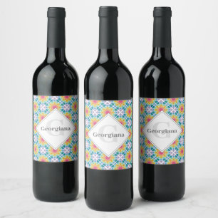Etiqueta Para Botella De Vino Flor de arcoiris personalizada Mandala Tile de dia
