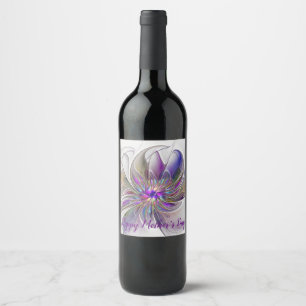 Etiqueta Para Botella De Vino Flor de arte fractal enérgica y colorida