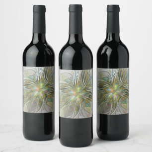 Etiqueta Para Botella De Vino Flor De Arte Fractal Moderno Con Oro