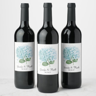 Etiqueta Para Botella De Vino Flor de Hortensia de Acuarela Azul Pastel para Bod