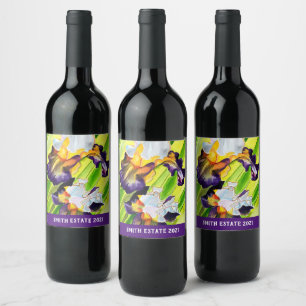 Etiqueta Para Botella De Vino Flor de iris floral acuarela