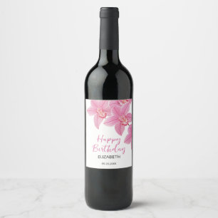 Etiqueta Para Botella De Vino Flor de orquídea rosa tropical Feliz cumpleaños