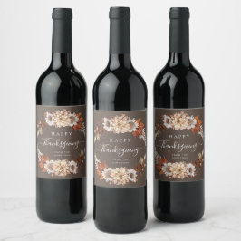 Etiqueta Para Botella De Vino Flor de Otoño Marrón Rústico Feliz Día de Acción d