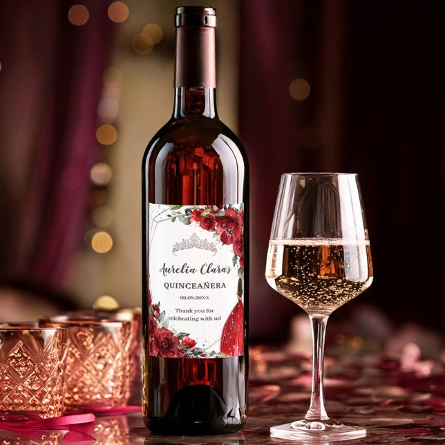 Etiqueta Para Botella De Vino Flor floral roja plateada Quinceañera 16º cumpleañ (Subido por el creador)