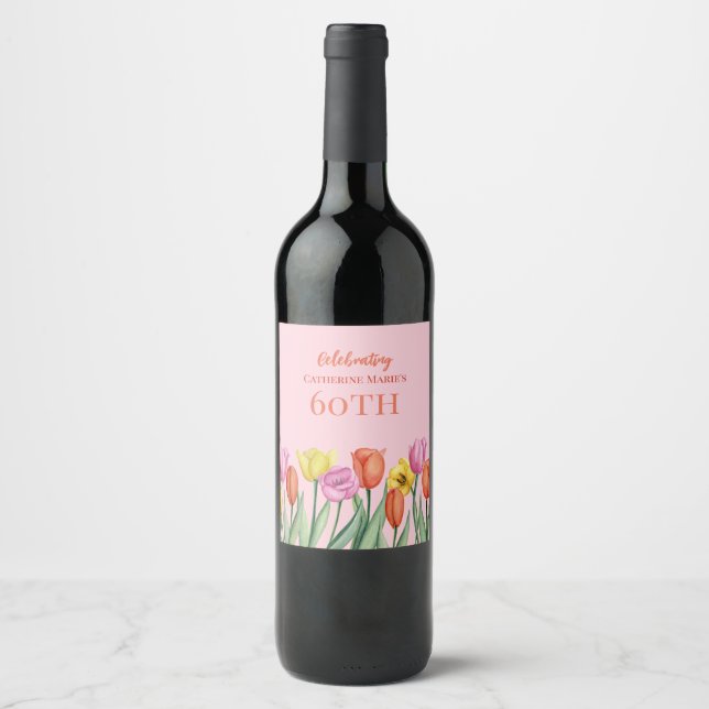 Etiqueta Para Botella De Vino Floral 60 cumpleaños (Anverso)