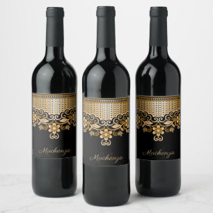 Etiqueta Para Botella De Vino Floral abstracta negra y dorada