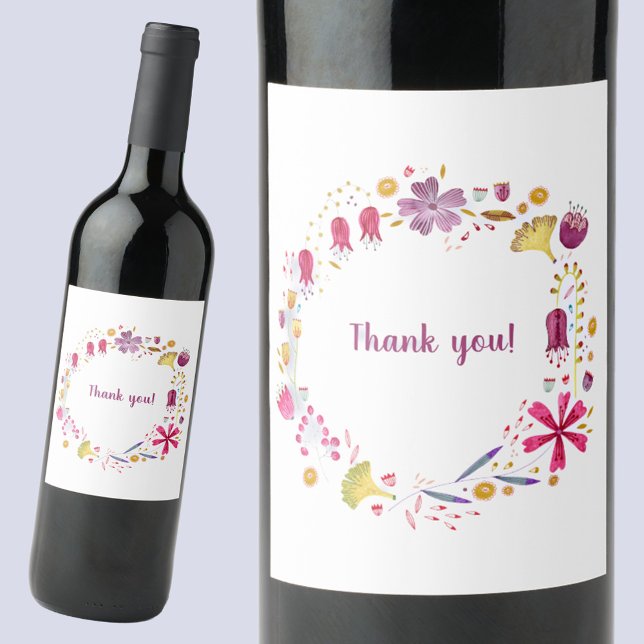 Etiqueta Para Botella De Vino Floral acuarela Gracias (Watercolor wreath thank you bottle label)
