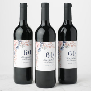 Etiqueta Para Botella De Vino Floral acuarela Script 60 cumpleaños