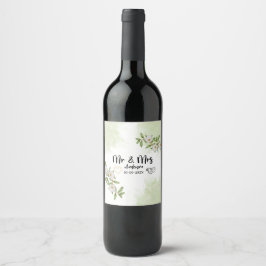 Etiqueta Para Botella De Vino Floral blanca y verde moderna Sr. y Sra. Watercolo