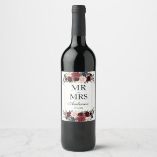 Etiqueta Para Botella De Vino Floral de boda elegante burgundy azul dorado