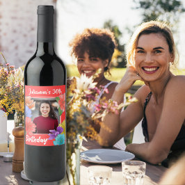 Etiqueta Para Botella De Vino Floral de coral rojo moderno feliz foto de cumplea
