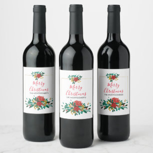 Etiqueta Para Botella De Vino Floral de Navidades de oro y verde rojo moderno