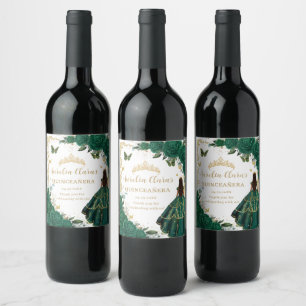Etiqueta Para Botella De Vino Floral de Quinceañera Verde Esmeralda Dorado Vinta