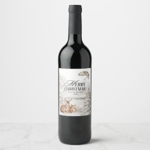Etiqueta Para Botella De Vino Floral Deer Elegante acuarela Feliz Navidad