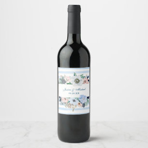 Etiqueta Para Botella De Vino Floral Floral Elegante Bouquet Boda Azul