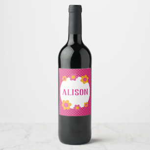 Etiqueta Para Botella De Vino Floral fuchsia plaid chica daisies