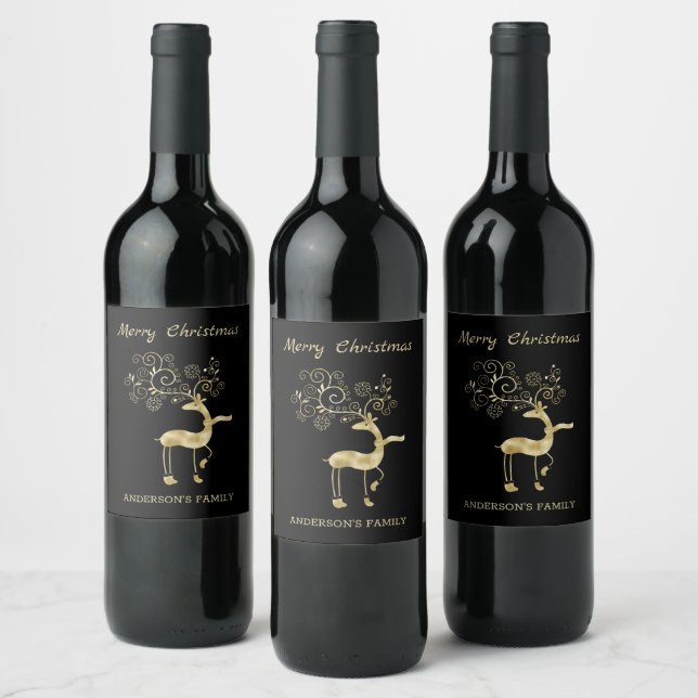 Etiqueta Para Botella De Vino Floral Golden Reindeer (Botellas)