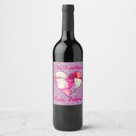 Etiqueta Para Botella De Vino Floral Heart Pink & Lavender Faux Purpurina