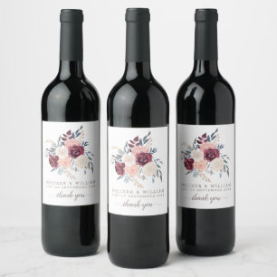 Etiqueta Para Botella De Vino Floral moderna de Borgoña Gracias Boda de Marfil