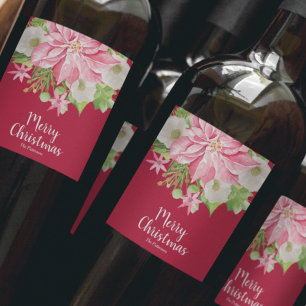 Etiqueta Para Botella De Vino Floral navideña de amarre Poinsettia