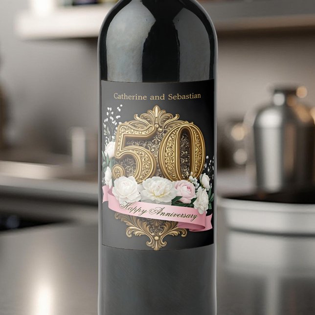 Etiqueta Para Botella De Vino Floral Número de Oro 50 Aniversario del Boda (Subido por el creador)