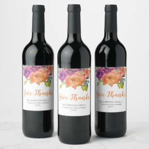 Etiqueta Para Botella De Vino Floral Orange and Purple Give Thanks Wine Label 