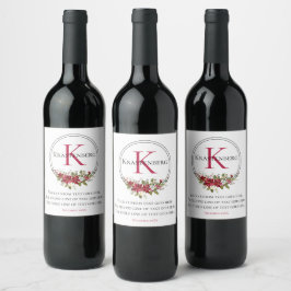 Etiqueta Para Botella De Vino Floral Rojo de Invierno con Monograma Personalizad