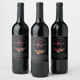 Etiqueta Para Botella De Vino Floral Rojo de Invierno Monograma Personalizado No
