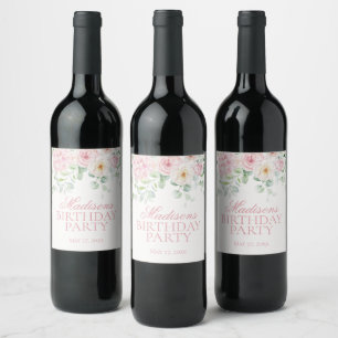 Etiqueta Para Botella De Vino Floral rosa Hidrangea Bloom Botánico Cumpleaños