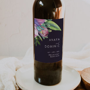 Etiqueta Para Botella De Vino Floral tropical colorida   Boda morado