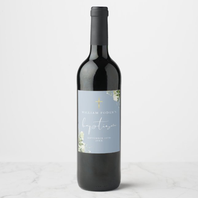 Etiqueta Para Botella De Vino Floral Verde Polvoriento Azul Bautizo Rústico (Anverso)