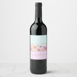 Etiqueta Para Botella De Vino Flores Acuarela Modernas Rayadas - Personalizadas