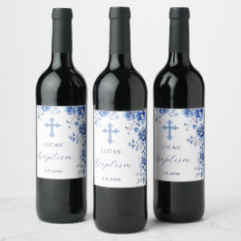 Etiqueta Para Botella De Vino Flores Azules Bautizo