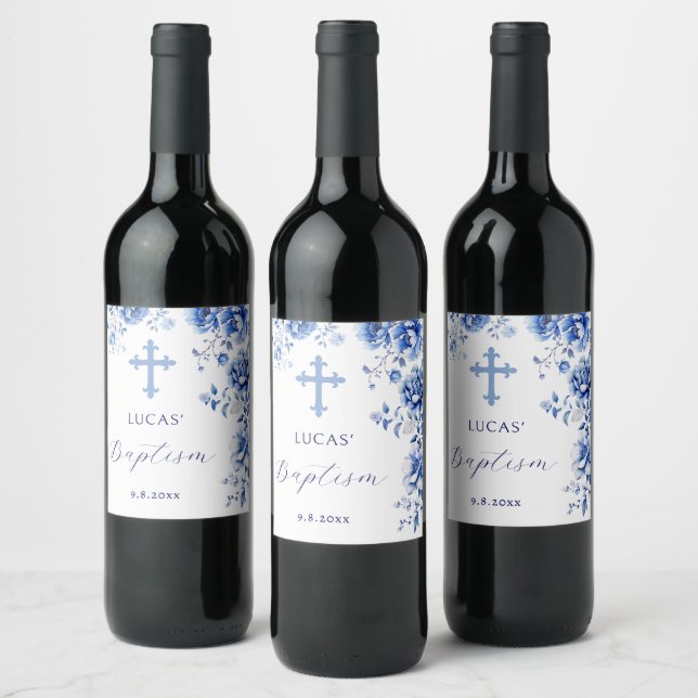 Etiqueta Para Botella De Vino Flores Azules Bautizo (Botellas)