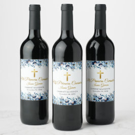 Etiqueta Para Botella De Vino Flores azules puras castellanas primera comunión s