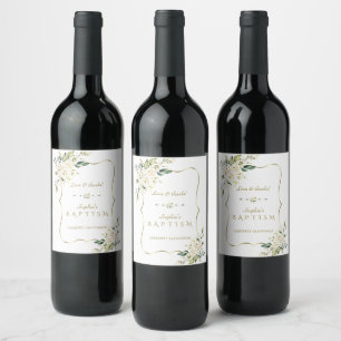 Etiqueta Para Botella De Vino Flores Blancas Delicadas Bautismo De Marco De Oro