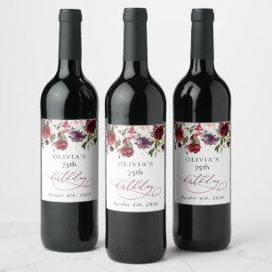 Etiqueta Para Botella De Vino Flores Borgoña, Flores Rosadas, Boho, Cumpleaños