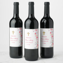 Etiqueta Para Botella De Vino Flores de acuarela Primera Comunión