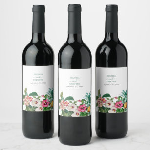Etiqueta Para Botella De Vino Flores de acuarela tropical y Boda de vegetación