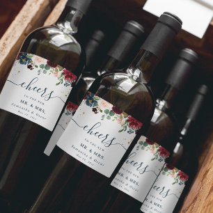 Etiqueta Para Botella De Vino Flores de Belleza Burgundy Navy Azul y Rojo Rústic