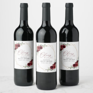 Etiqueta Para Botella De Vino Flores de Borgoña, flores rojas, ducha de novia