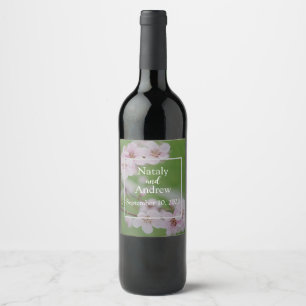 Etiqueta Para Botella De Vino Flores de cerezo sobre fondo verde Boda floral