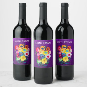 Etiqueta Para Botella De Vino Flores de colmenillas moradas florales