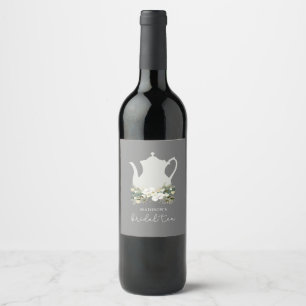 Etiqueta Para Botella De Vino Flores de color gris de té de novia